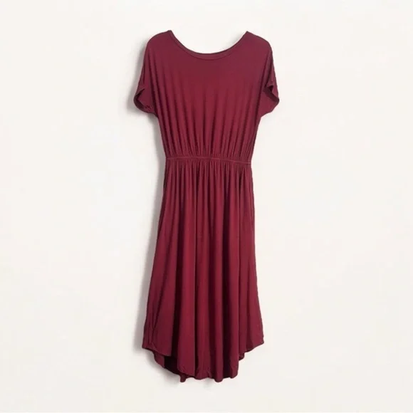 Short Sleeve Jersey Knit Midi Dress with Pockets Burgundy Size Small - Picture 2 of 15